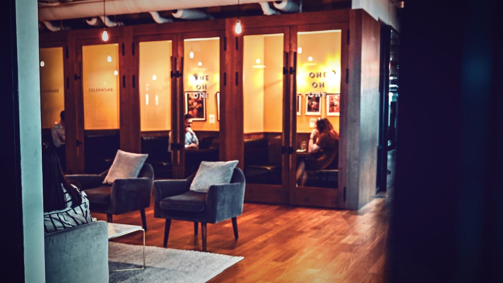 NeoSapiens London office — meeting booths and lounge in Appold Street, EC2A